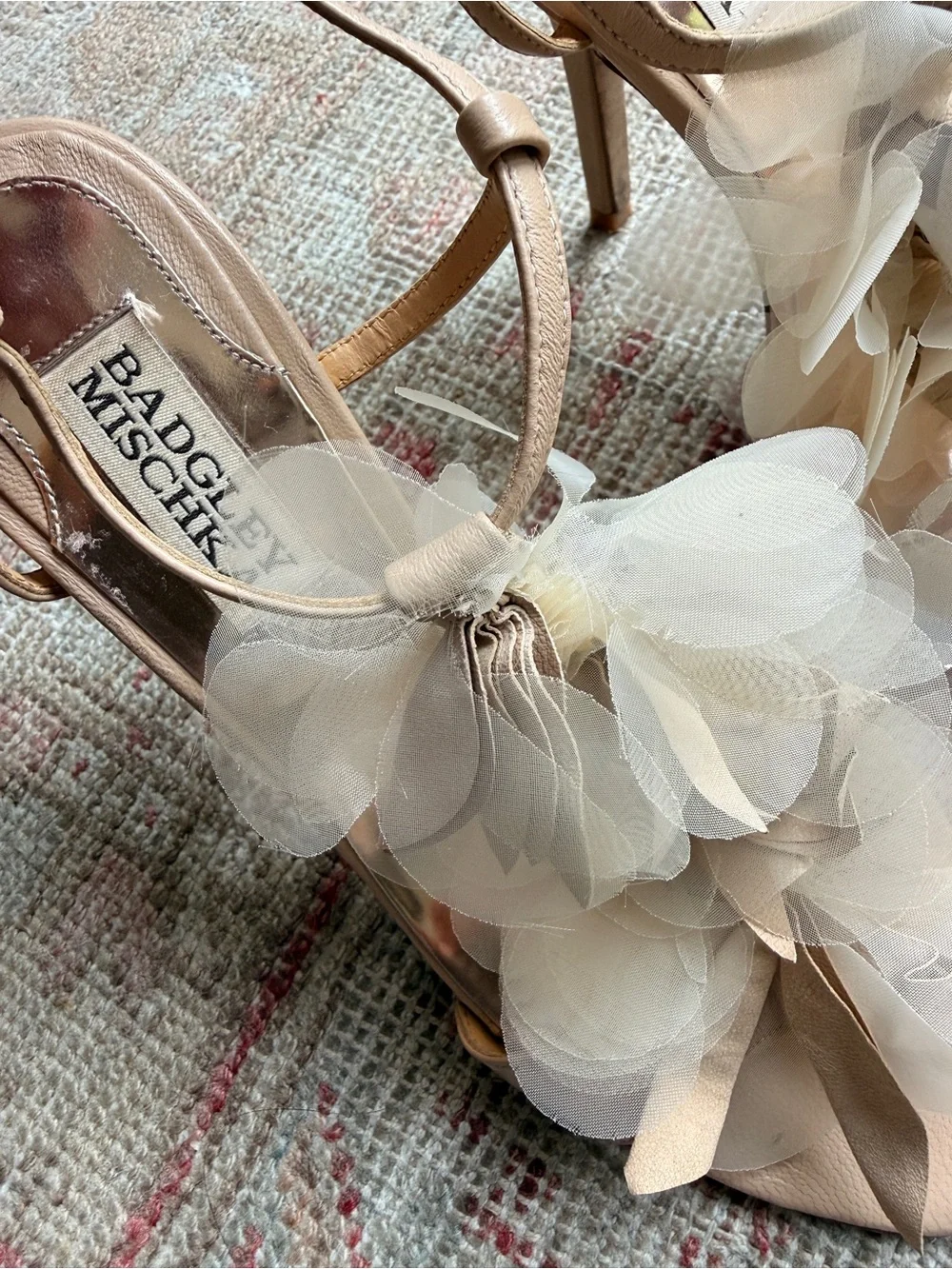 Badgley Mischka Blush and Cream Floral Appliqué T-Strap Heels
